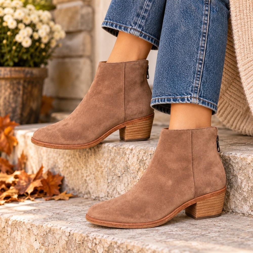 Kork Ease Kecia Suede Ankle Boots 10M Cordova Brown Back Zip 2" Block Heel